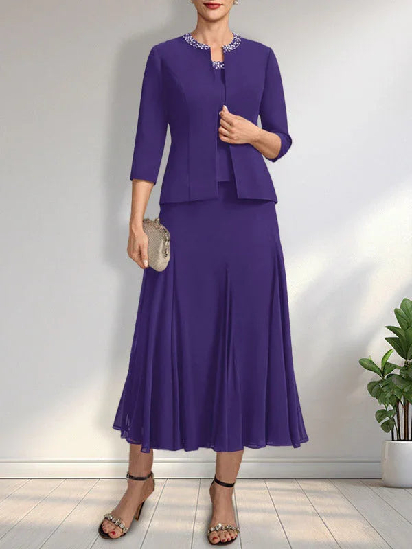 Separates A-line Scoop Tea-Length Chiffon Mother of the Bride Dress With Sequins Beading by Dreamylily