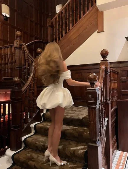 White Off The Shoulder Satin A Line Homecoming Dress Mini Prom Dress Y8420 by simplepromdress