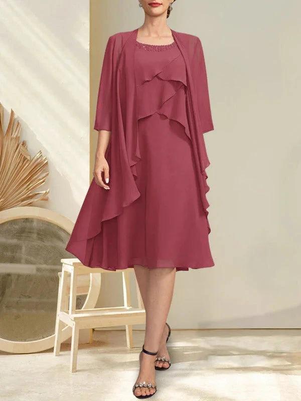 A-line Scoop Knee-Length Chiffon Mother of the Bride Dress With Beading by Dreamylily
