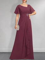 A-line Asymmetrical Floor-Length Chiffon Mother of the Bride Dress With Pleated Beading Sequins by Dreamylily