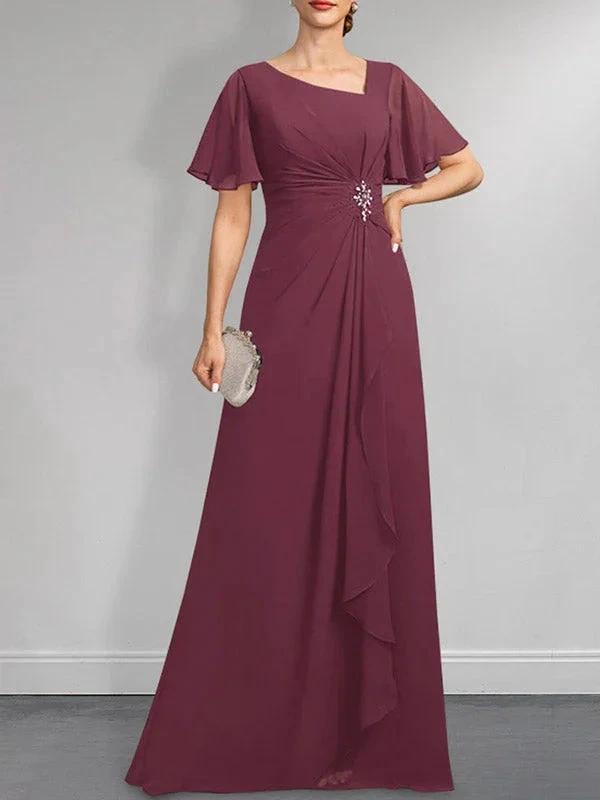 A-line Asymmetrical Floor-Length Chiffon Mother of the Bride Dress With Pleated Beading Sequins by Dreamylily