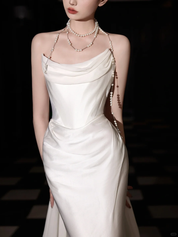 Vestido de fiesta elegante de sirena en satén blanco de gasa, vestido de novia largo sin tirantes Y8591