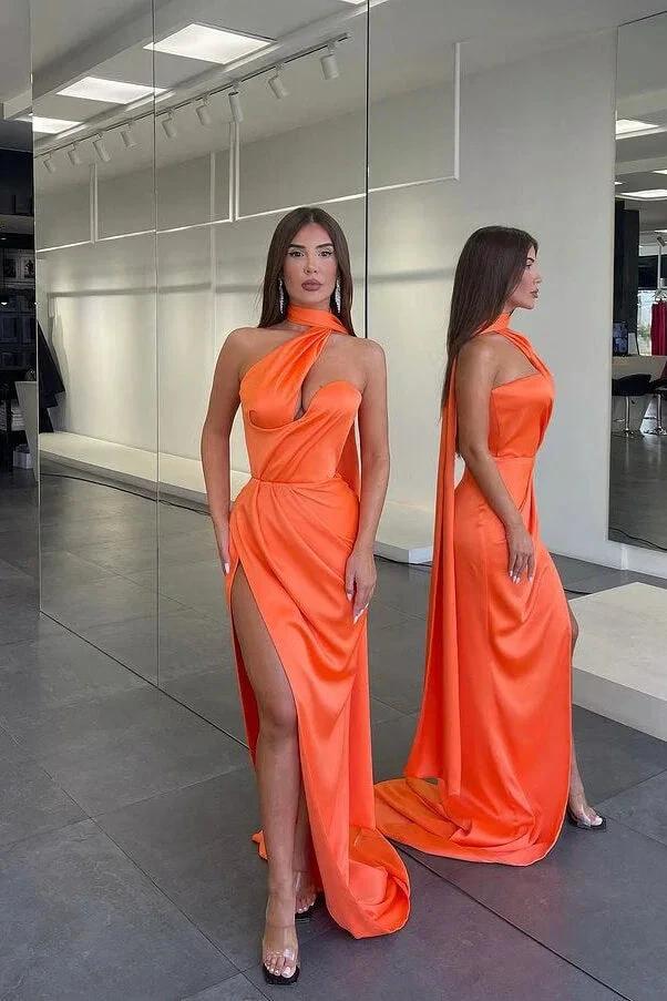 Retro Orange Halter Satin Mermaid Prom Dress with Flirty Split by BIZTUNNEL