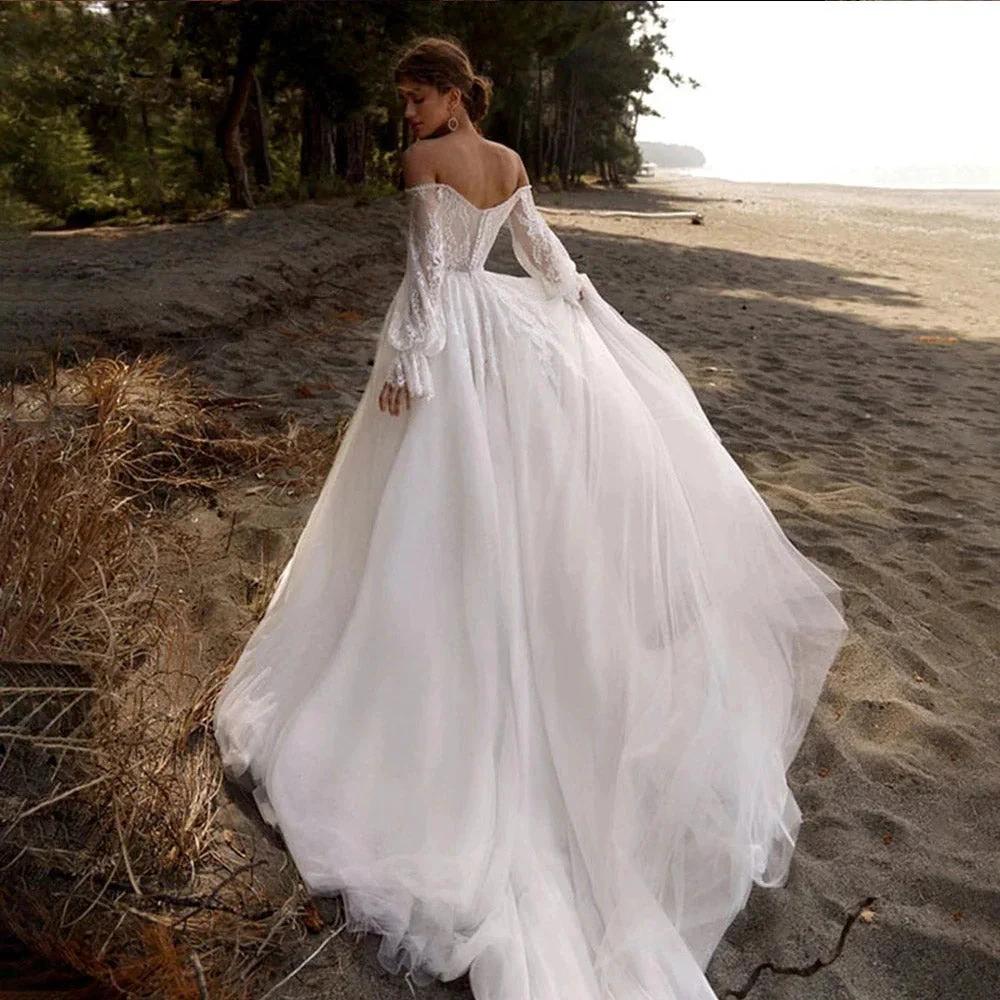 Off The Shoulder Wedding Dress Lace Applique Sweetheart Bridal Gown Puff Long Sleeves свадебное платье Vestido De Novia by payinti