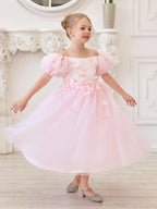 Puffy Sleeves Off-Shoulder 3D Floral Appliques Tulle Tea-length Flower Girl D… - photo 3