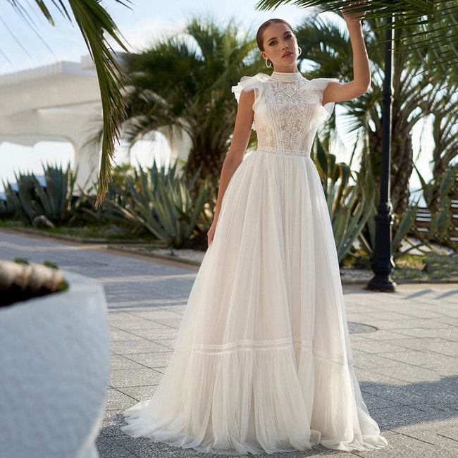 High Neck Sleeveless Wedding Dresses Lace Appliques A Line فساتين السهرة Sweep Train Bohemian New Vestidos De Novia Hover Image