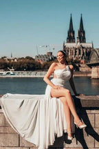 Obsessing Long White One Shoulder Sleeveless Beading Wedding Dress with Slit by misshow.com