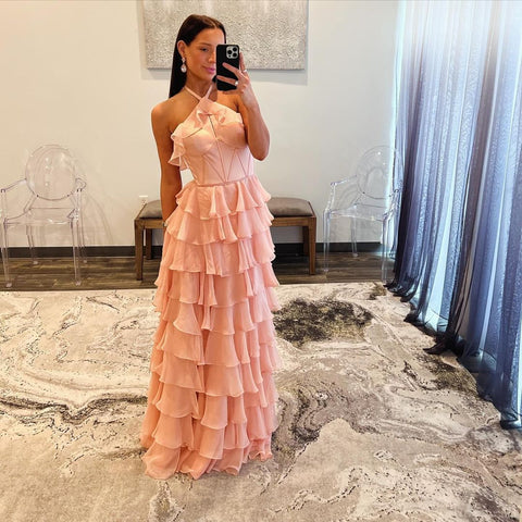 Vestido de fiesta con escote halter, escote en forma de cerradura, volantes y abertura