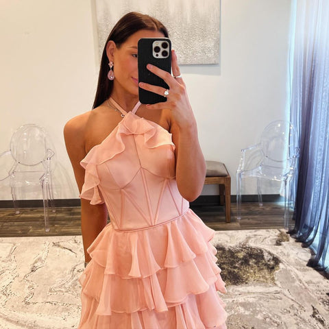 Vestido de fiesta con escote halter, escote en forma de cerradura, volantes y abertura