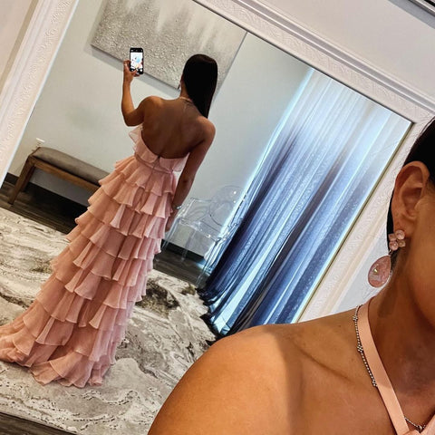 Vestido de fiesta con escote halter, escote en forma de cerradura, volantes y abertura