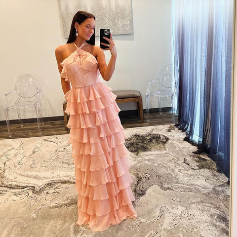 Vestido de fiesta con escote halter, escote en forma de cerradura, volantes y abertura