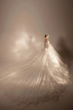 Gorgeous Long Ball Gown Off-the-Shoulder Tulle Wedding Dress with 3D Floral & Crystal Embroidery & Cathedral Train H009 by ZAPDRESS