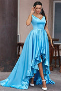 Hi-Lo Sapphire Serenity V-Neck Sleeveless A-Line Evening Gown by BIZTUNNEL