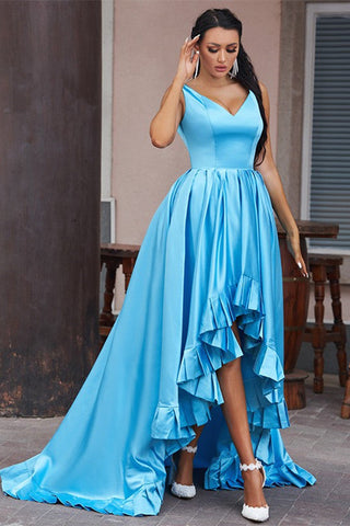 Hi-Lo Sapphire Serenity Abendkleid in A-Linie mit V-Ausschnitt und ärmellosem Schnitt