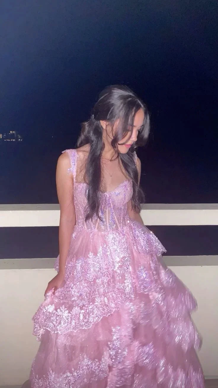 Pretty A-Line Pink Lace Appliques Tiered Long Prom Dress Formal Evening Dress Y7936 by simplepromdress