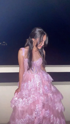 Pretty A-Line Pink Lace Appliques Tiered Long Prom Dress Formal Evening Dress Y7936 by simplepromdress