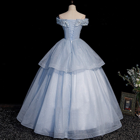 Vestido largo de fiesta con encaje de tul azul Y4208