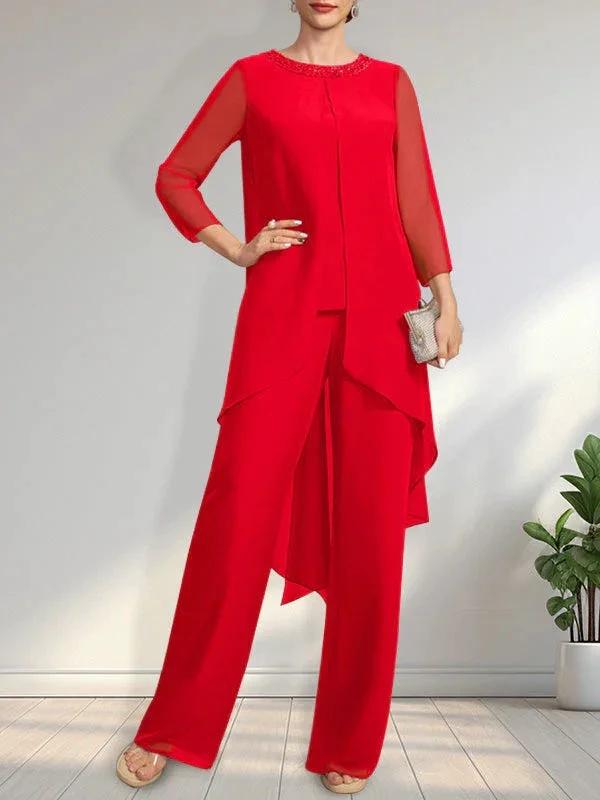 Separates Jumpsuit/Pantsuit Scoop Floor-Length Chiffon Mother of the Bride Dress With Sequins Beading by Dreamylily