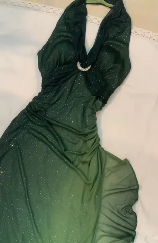 Vestido de fiesta largo de gasa verde degradado con cuello halter y brillo, vestido de noche Y7481