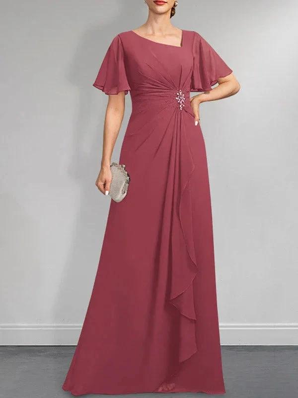 A-line Asymmetrical Floor-Length Chiffon Mother of the Bride Dress With Pleated Beading Sequins by Dreamylily