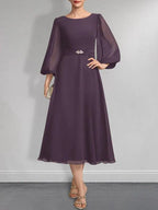 A-line Scoop Tea-Length Chiffon Mother of the Bride Dress With Crystal Brooch Pleated by Dreamylily