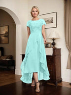 A-line Scoop Illusion Asymmetrical Chiffon Lace Mother of the Bride Dress With Bow Ruffle Sequins by Dreamylily
