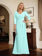Sheath/Column V-Neck Illusion Floor-Length Lace Chiffon Mother of the Bride Dress With Pleated Sequins by Dreamylily