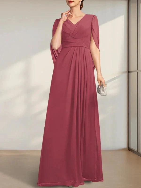 A-line V-Neck Floor-Length Chiffon Mother of the Bride Dress With Pleated by Dreamylily