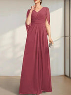 A-line V-Neck Floor-Length Chiffon Mother of the Bride Dress With Pleated by Dreamylily