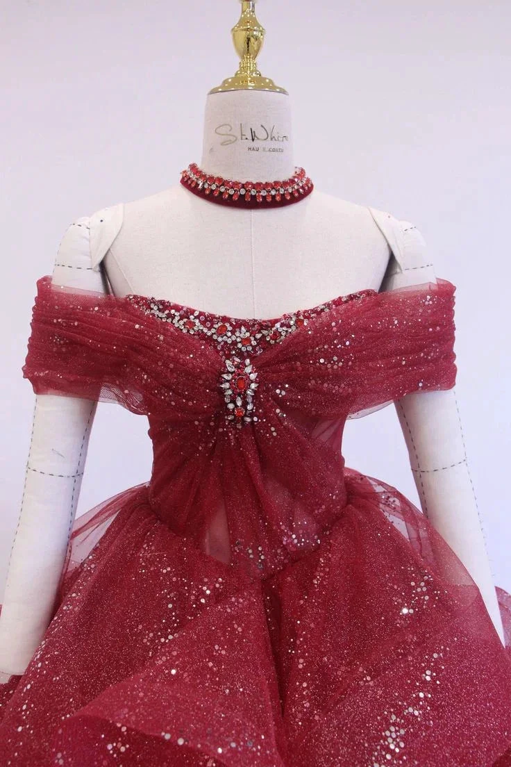 Fairy Off-Shoulder A-Line Red Evening Dress, Sparkling Dress Ball Gown Wedding Dress Y7676 by simplepromdress