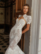 Vintage Ivory Lace High Neck Puff Sleeve Backless Mermaid Wedding Dress SW180