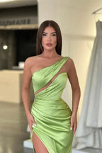 Sleek Light Green One-Shoulder Sleeveless Prom Dress with Long Slit by BIZTUNNEL