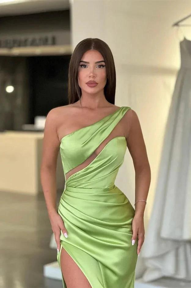 Sleek Light Green One-Shoulder Sleeveless Prom Dress with Long Slit by BIZTUNNEL