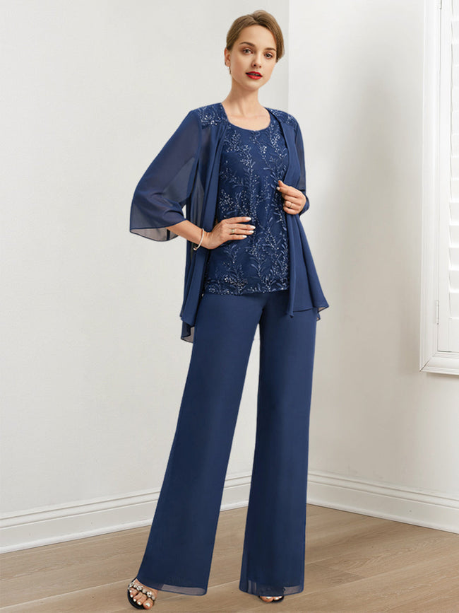Chiffon Mother of the Bride Pantsuits with Sequins & Jacket Hover Image