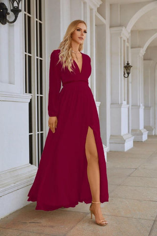 Ladies V Neck Chiffon Long Sleeve Front Slit Bridesmaid Evening Dress Wedding Party Shopping Evening Dress 28109