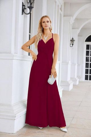 Ladies Chiffon Spaghetti Strap V Neck Front Slit Floor Length Bridesmaid Evening Dress Prom Party Wedding Evening Dress 28116