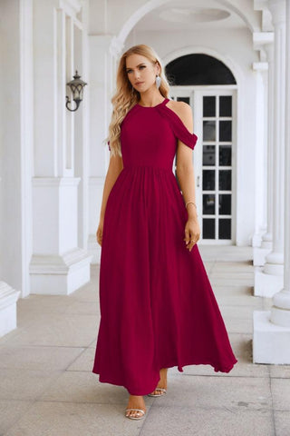 Ladies Chiffon Off Shoulder Swing Sleeve Front Slit Bridesmaid Evening Dress Wedding Party Evening Dress 28117