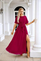 Ladies Chiffon Sleeve Crew Neck Front Slit Floor Length Bridesmaid Evening Dress Wedding Party Evening Dress 28124 by numbersea