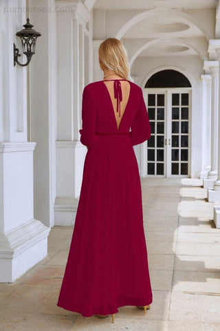 Ladies V Neck Chiffon Long Sleeve Front Slit Bridesmaid Evening Dress Wedding Party Shopping Evening Dress 28109