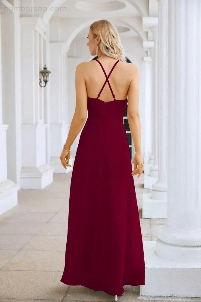 Ladies Chiffon Spaghetti Strap V Neck Front Slit Floor Length Bridesmaid Evening Dress Prom Party Wedding Evening Dress 28116 by numbersea