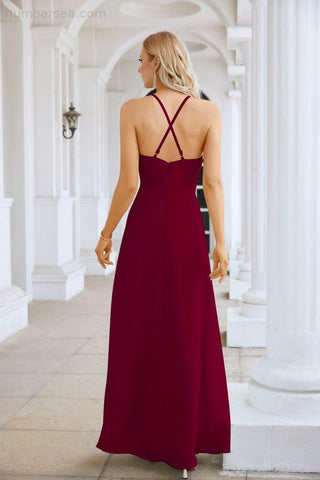 Ladies Chiffon Spaghetti Strap V Neck Front Slit Floor Length Bridesmaid Evening Dress Prom Party Wedding Evening Dress 28116