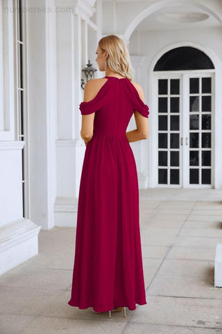 Ladies Chiffon Off Shoulder Swing Sleeve Front Slit Bridesmaid Evening Dress Wedding Party Evening Dress 28117