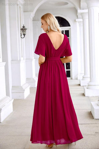 Ladies Chiffon Sleeve Crew Neck Front Slit Floor Length Bridesmaid Evening Dress Wedding Party Evening Dress 28124