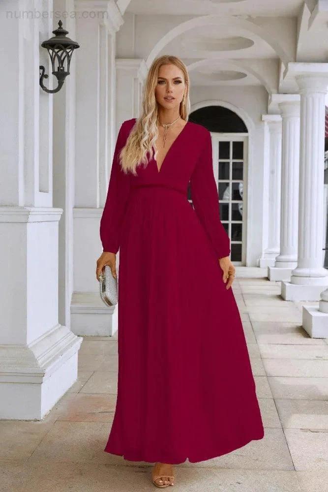 Ladies V Neck Chiffon Long Sleeve Front Slit Bridesmaid Evening Dress Wedding Party Shopping Evening Dress 28109 by numbersea