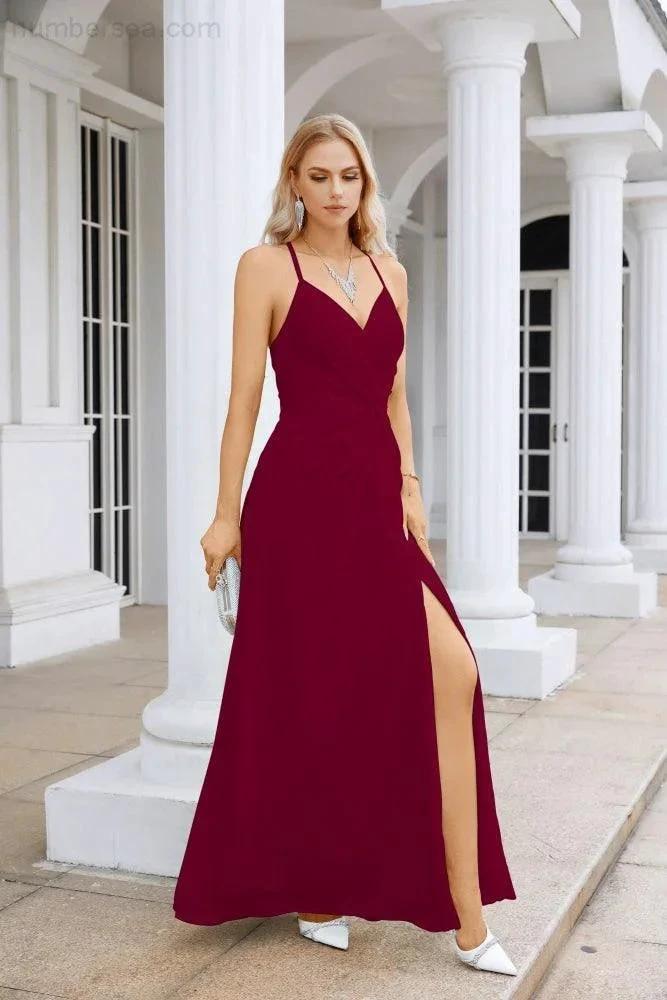 Ladies Chiffon Spaghetti Strap V Neck Front Slit Floor Length Bridesmaid Evening Dress Prom Party Wedding Evening Dress 28116 by numbersea