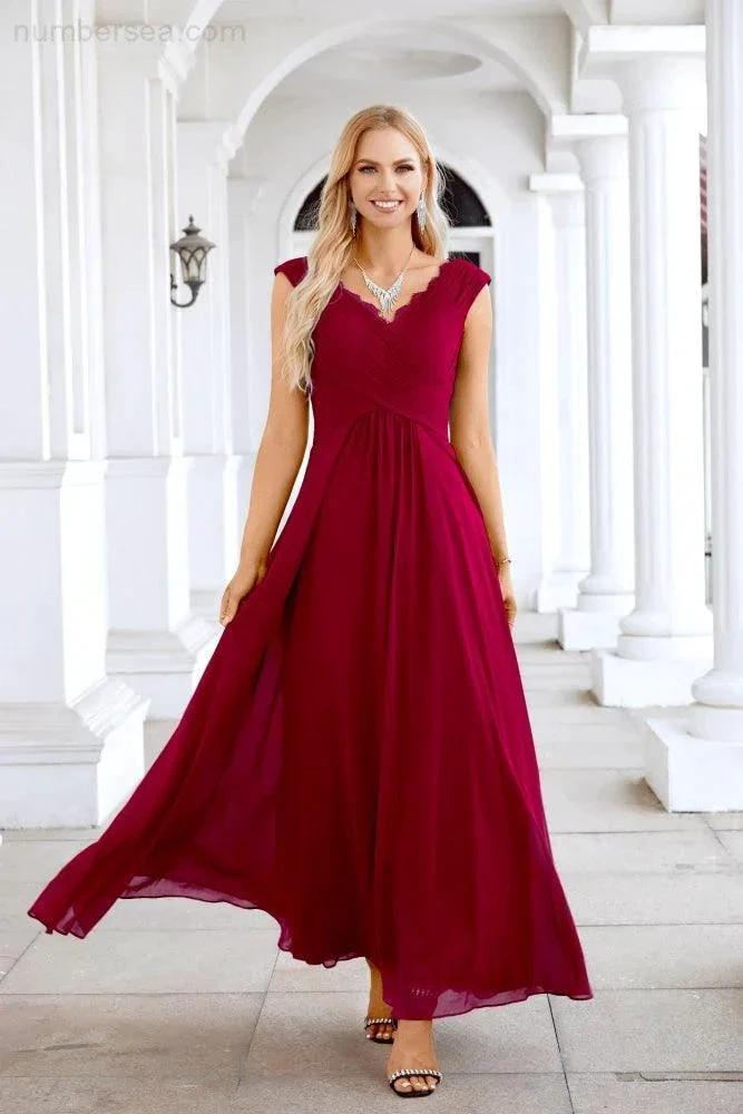 Ladies Chiffon V Neck Sleeveless Floor Length Bridesmaid Evening Dress Wedding Party Evening Dress 28126 by numbersea