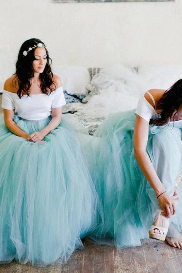 Two Piece Spaghetti Straps Sweep Train Mint Tulle Bridesmaid Dress BD082 by pgmdress