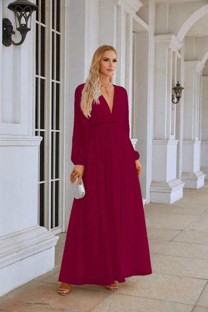 Ladies V Neck Chiffon Long Sleeve Front Slit Bridesmaid Evening Dress Wedding Party Shopping Evening Dress 28109 by numbersea