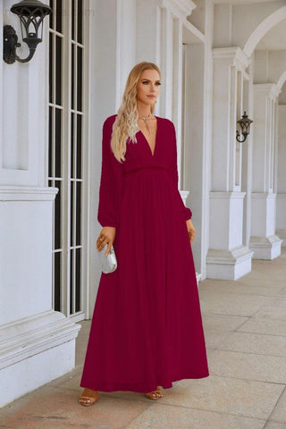 Ladies V Neck Chiffon Long Sleeve Front Slit Bridesmaid Evening Dress Wedding Party Shopping Evening Dress 28109