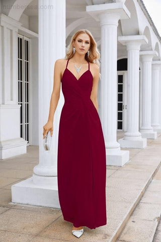 Ladies Chiffon Spaghetti Strap V Neck Front Slit Floor Length Bridesmaid Evening Dress Prom Party Wedding Evening Dress 28116